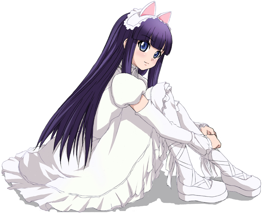 00s, 1girl, animal_ears, blue_eyes, cat_ears, detached_sleeves, dress, fake_animal_ears, female_focus, hazuki_(tsukuyomi), hime_cut, hugging_own_legs, kagejou, long_hair, purple_hair, solo, tsukuyomi_moonphase, white_dress
