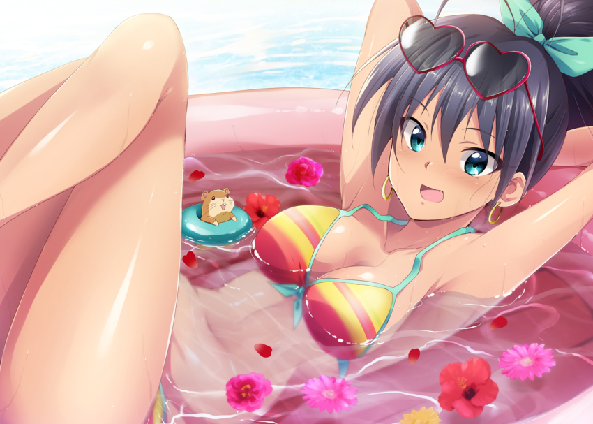 1girl, :d, antenna_hair, arms_behind_back, arms_up, bikini, black_hair, blue_eyes, blush, breasts, cleavage, collarbone, earrings, eyewear_on_head, female_focus, flower, flower_on_water, ganaha_hibiki, green_ribbon, hair_ribbon, hamster, hamuzou, heart, heart-shaped_eyewear, heart-shaped_sunglasses, hoop_earrings, idolmaster, idolmaster_(classic), innertube, jewelry, kaiga, legs_up, long_hair, looking_at_viewer, lying, medium_breasts, multicolored_bikini, on_back, open_mouth, partially_submerged, petals, petals_on_liquid, pink-framed_eyewear, ponytail, ribbon, shiny_skin, smile, solo, swim_ring, swimsuit, thighs, tsurime, wading_pool, water