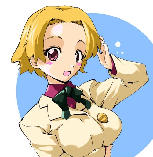 00s, 1girl, blazer, blonde_hair, blush, bow, breasts, female_focus