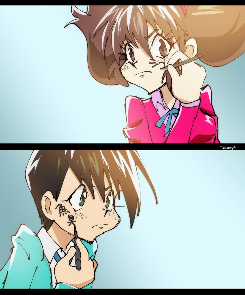 10s, 1990s_(style), 1boy, 1girl, artist_name, bad_id, bad_twitter_id, blue_ribbon