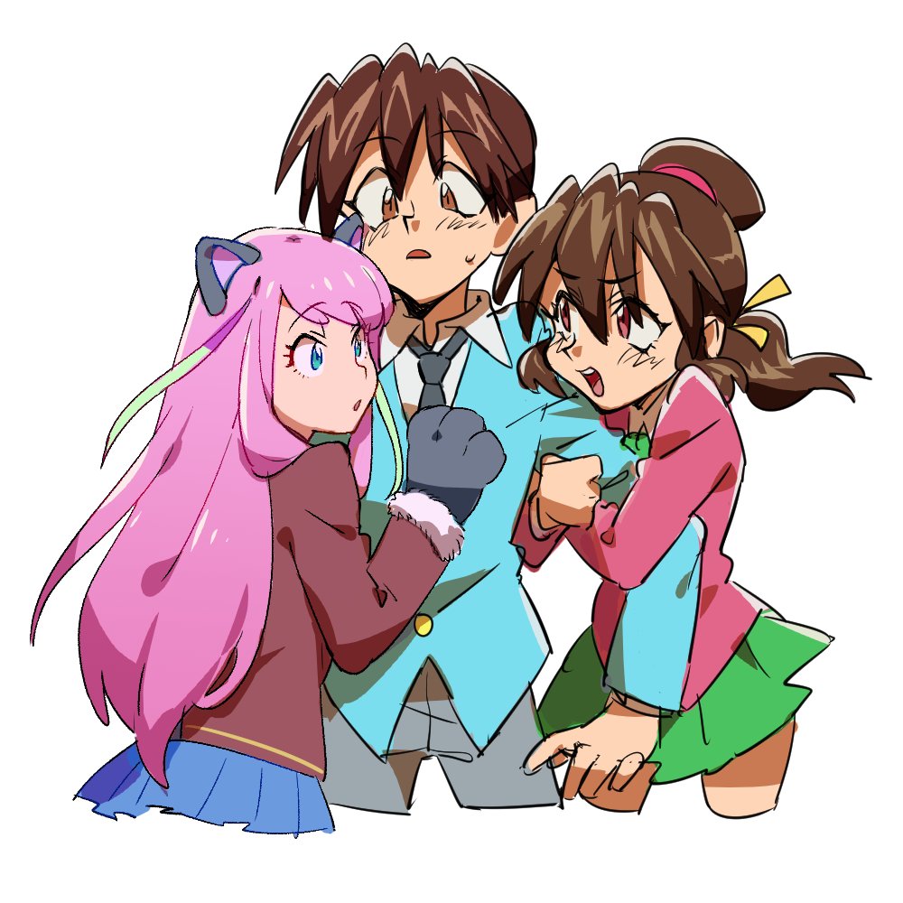 10s, 1990s_(style), 1boy, 2girls, animal_ears, animal_hands, blue_suit, brown_eyes