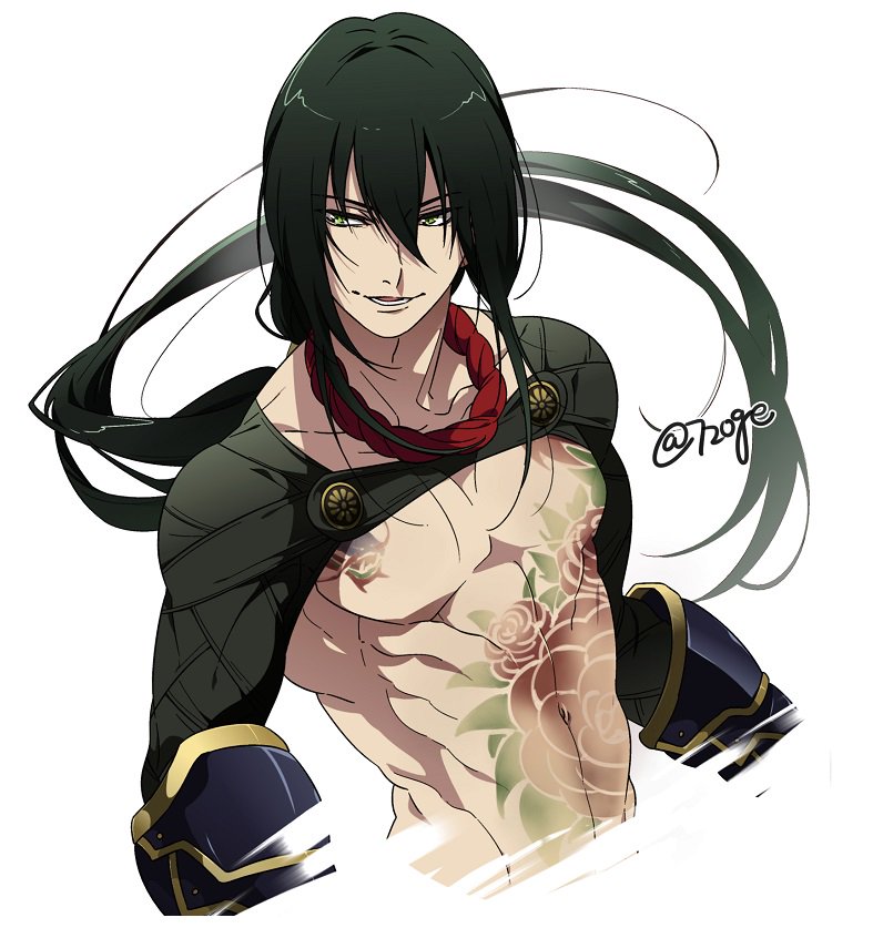 1boy, bare_pectorals, black_hair, chest_tattoo, collarbone, fate/grand_order, fate_(series), green_eyes
