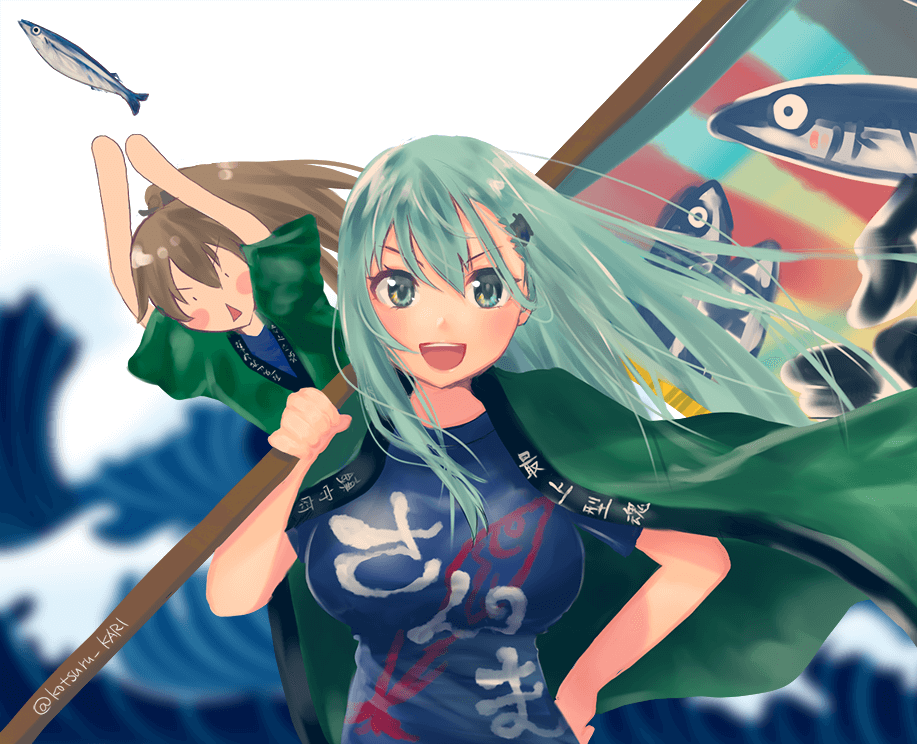 2girls, :o, alternate_costume, aqua_eyes, aqua_hair, breasts, brown_hair, clothes_writing