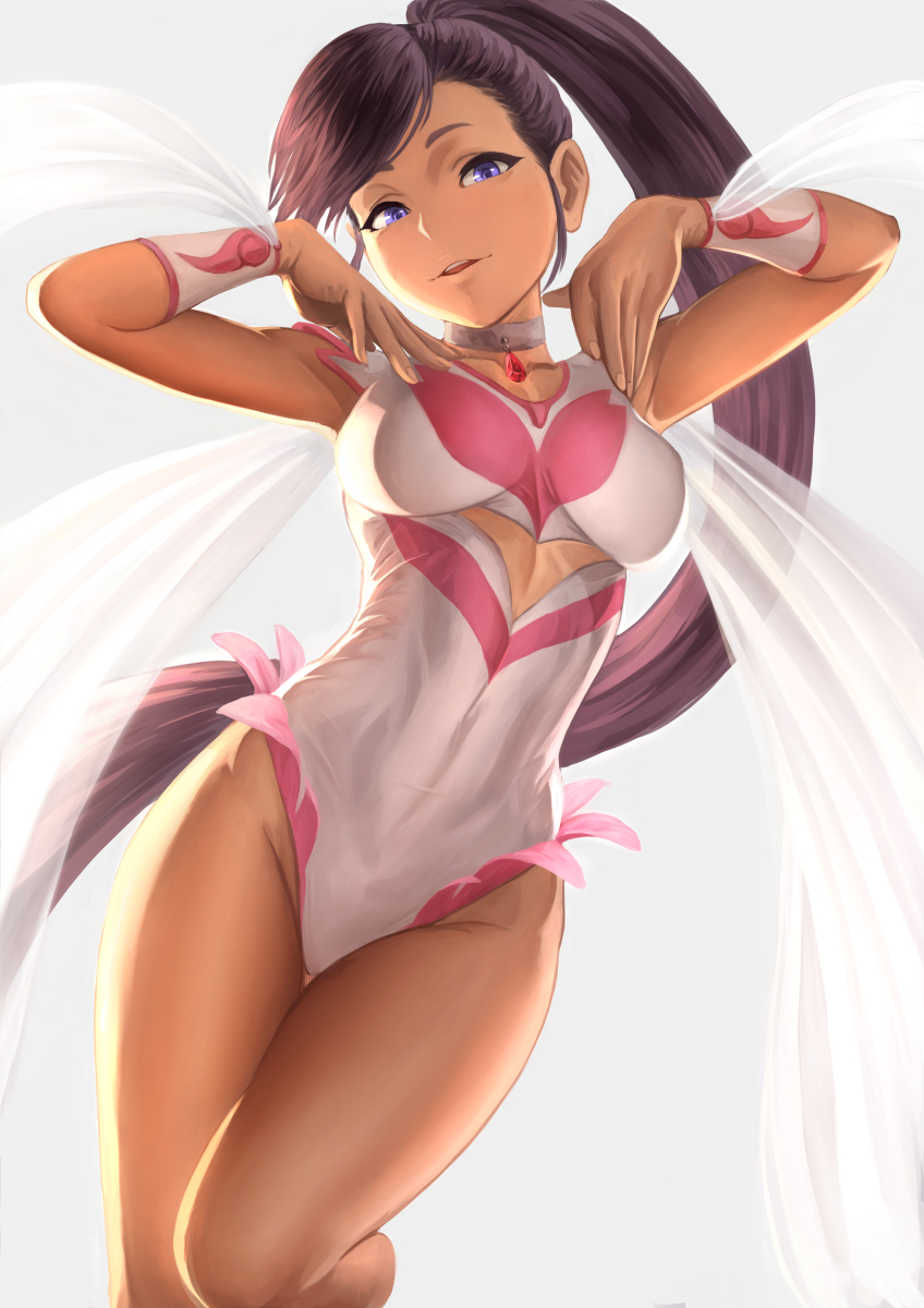 1girl, angel_leotard, armpits, arms_up, bare_legs, bracer, breasts, choker, covered_navel, dragon_quest, dragon_quest_xi, female_focus, grey_background, groin, highres, impossible_clothes, impossible_leotard, jewelry, leg_up, leotard, long_hair, looking_at_viewer, martina_(dq11), medium_breasts, parted_lips, pendant, ponytail, purple_eyes, see-through_clothes, shawl, simple_background, smile, solo, standing, standing_on_one_leg, swept_bangs, thighs, very_long_hair, white_leotard, yamaneko_(tkdrumsco)