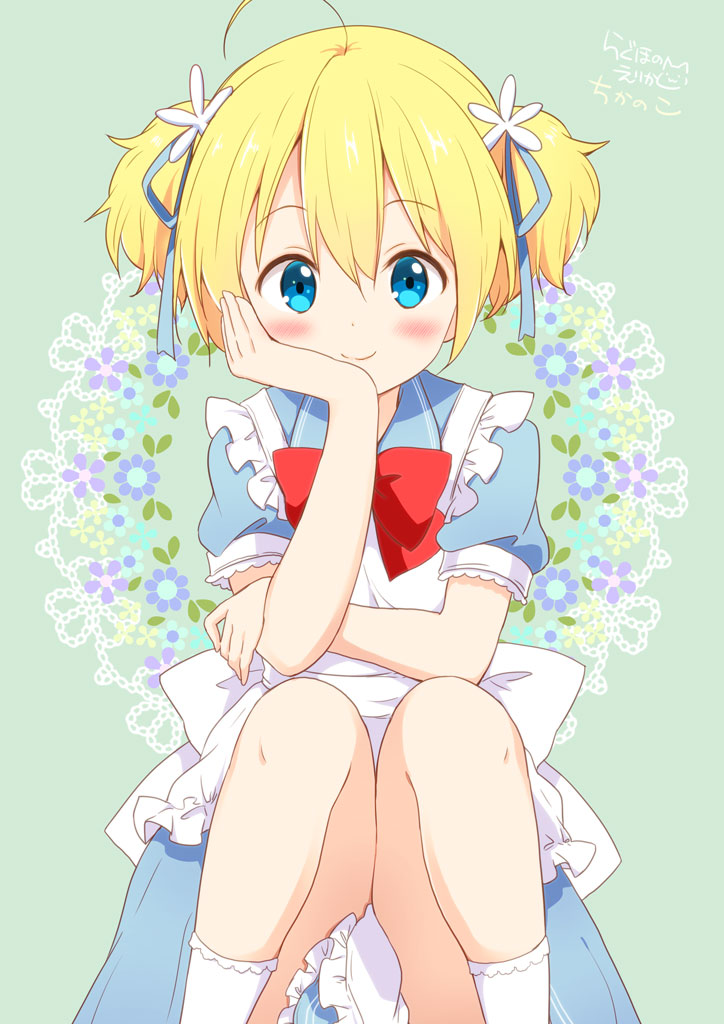 1girl, ahoge, alice_(alice_in_wonderland), alice_(alice_in_wonderland)_(cosplay), apron, artist_name, blonde_hair, blue_dress