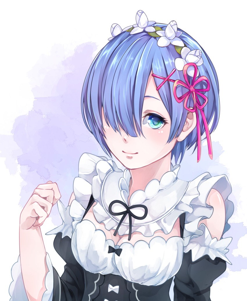 10s, 1girl, blue_eyes, blue_hair, breasts, cleavage, detached_sleeves, female_focus, frills, hair_ornament, hair_over_one_eye, highres, looking_at_viewer, maid, maid_headdress, medium_breasts, re:zero_kara_hajimeru_isekai_seikatsu, rem_(re:zero), ribbon, short_hair, smile, solo, upper_body, uprpa_(amazarashi), x_hair_ornament