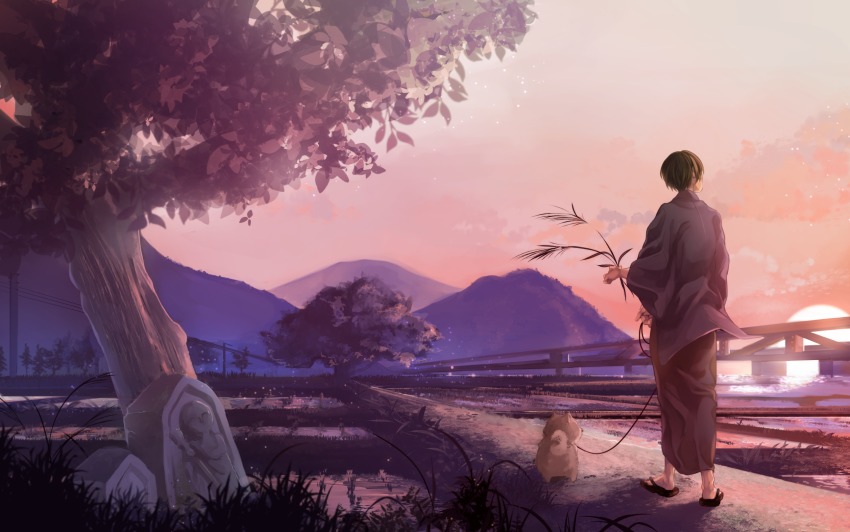 1boy, axis_powers_hetalia, dog, facing_away, fence, highres, japan_(hetalia), leash, male_focus, mountain, outdoors, pet_walking, power_lines, rice_paddy, sandals, slice_of_life, solo, standing, sunset, tombstone, tree, uprpa_(amazarashi)