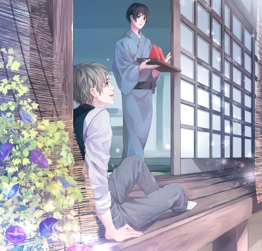 2boys, absurdres, axis_powers_hetalia, black_hair, black_pants, brown_eyes, flower, food
