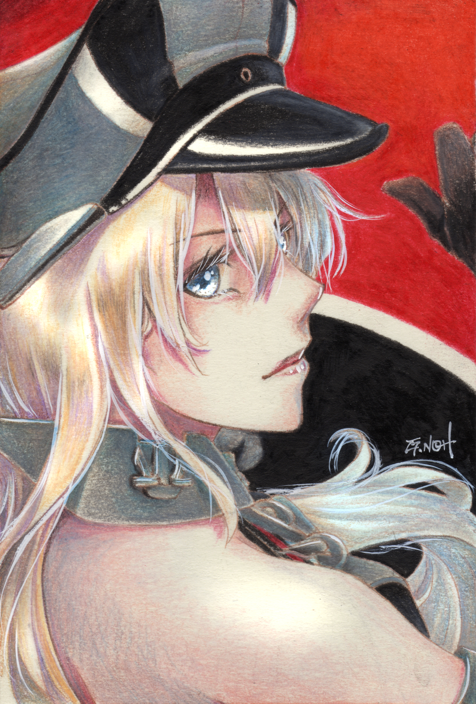 1girl, artist_name, bare_shoulders, bismarck_(kancolle), blonde_hair, blue_eyes, brown_gloves, detached_sleeves