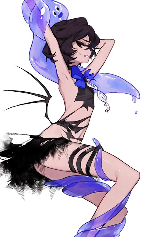1girl, armpits, arms_up, bad_id, bad_twitter_id, black_eyes, black_hair, blue_neckwear