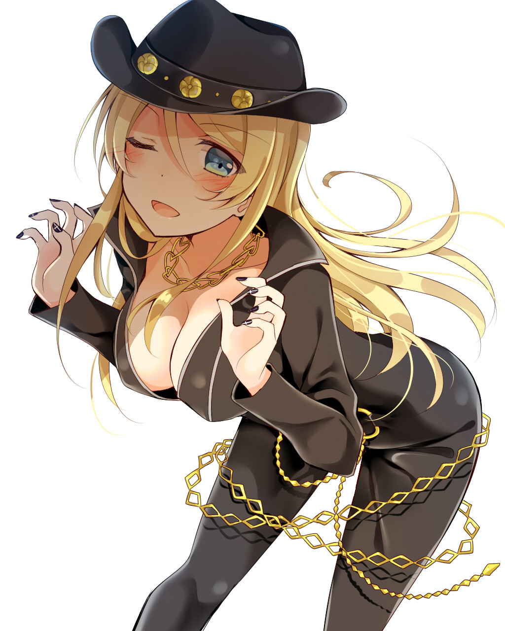 10s, 1girl, ;d, ayase_eli, bent_over, black_bodysuit, black_hat, black_nails
