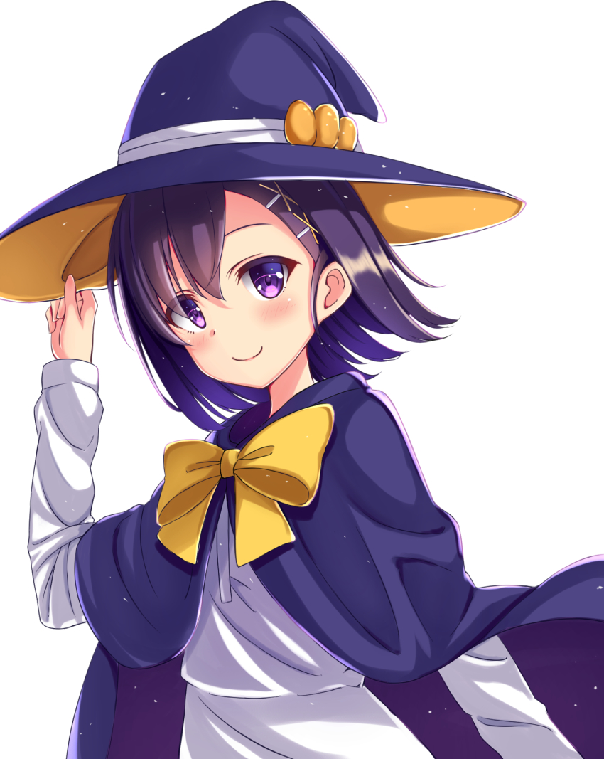 1girl, blush, bow, cape, closed_mouth, commentary_request, female_focus, from_side, gabriel_dropout, hair_ornament, hand_on_headwear, hat, head_tilt, highres, long_sleeves, looking_at_viewer, purple_cape, purple_eyes, purple_hair, purple_hat, rurukuru, short_hair, simple_background, smile, solo, vignette_tsukinose_april, white_background, witch_hat, x_hair_ornament, yellow_bow