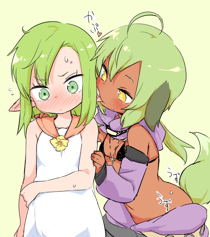 2girls, ahoge, animal_ears, babalilo, bad_id, bad_twitter_id, bikini, bikini_top_only, biting, biting_ear, black_bikini, blush, collared_dress, commentary, dark-skinned_female, dark_skin, detached_sleeves, dress, ear_blush, flower, green_eyes, green_hair, hand_on_another's_shoulder, inactive_account, long_hair, multiple_girls, nose_blush, original, pointy_ears, rattail, short_hair_with_long_locks, sketch, sleeveless, sleeveless_dress, sweat, swimsuit, tail, titi_(babalilo), translated, white_dress, yellow_eyes, yuri, zakuro_(sanzui)