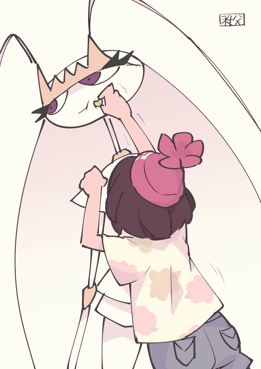 2girls, antennae, arms_up, beanie, black_hair, blue_shorts, chichibu_(watson), female_focus, food, from_behind, gen_7_pokemon, hat, highres, looking_to_the_side, multiple_girls, nintendo, pheromosa, poke_bean, pokemon, pokemon_(creature), pokemon_sun_and_moon, purple_eyes, red_hat, selene_(pokemon), shirt, short_hair, short_sleeves, shorts, simple_background, standing, text_focus, translation_request, ultra_beast, white_background