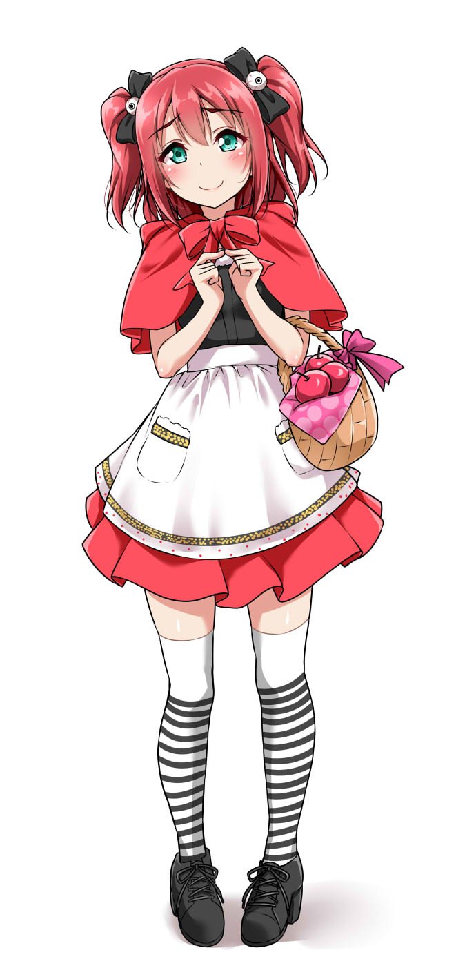 1girl, apple, apron, basket, black_bow, black_shoes, blush, bow, bowtie, capelet, commentary_request, cosplay, eyeball_hair_ornament, female_focus, fingers_together, food, fruit, full_body, furihata_ai, green_eyes, hair_bow, highres, index_fingers_together, kurosawa_ruby, little_red_riding_hood_(fairy_tale), little_red_riding_hood_(fairy_tale_character)_(cosplay), little_red_riding_hood_(fairy_tale_character), love_live!, love_live!_school_idol_festival, love_live!_sunshine!!, pigeon-toed, red_bow, red_bowtie, red_capelet, red_hair, red_skirt, shoes, simple_background, skirt, smile, solo, standing, striped_clothes, striped_thighhighs, thighhighs, two_side_up, voice_actor_connection, waist_apron, white_background, yopparai_oni