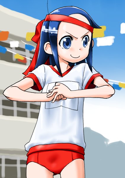 1girl, blue_eyes, blue_hair, buruma, female_focus, gym_uniform, hachimaki, headband, kazoku_game, long_hair, solo, suzushiro_seri, yusa_aoi_(kazoku_game)