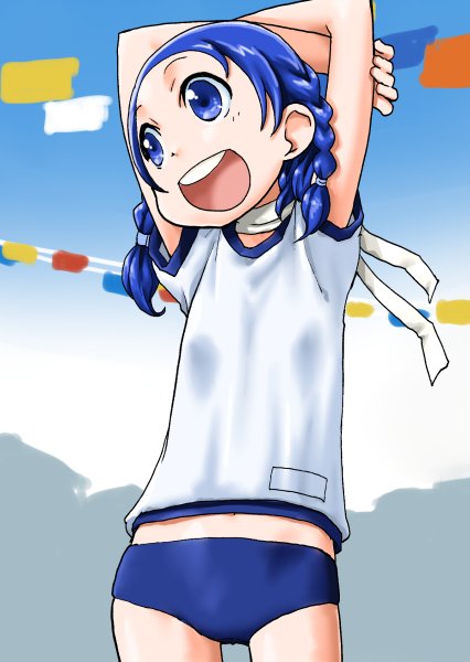 1girl, blue_buruma, blue_eyes, blue_hair, braid, buruma, female_focus, gym_uniform, homemade_heroes, long_hair, open_mouth, sendai_marin, solo, suzushiro_seri