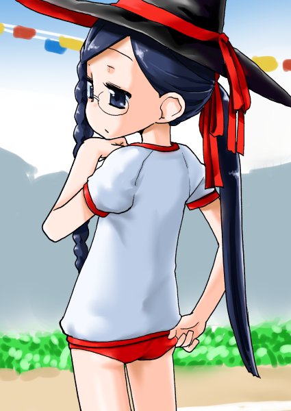 1girl, black_hair, braid, buruma, glasses, gym_uniform, hair_ribbon, hat