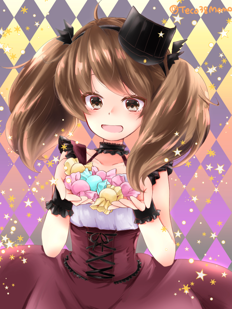 ahoge, alternate_costume, blush, brown_eyes, brown_hair, candy, choker, corset, eyes_visible_through_hair, food, frilled_sleeves, frills, gothic_lolita, hair_ribbon, hands_up, headgear, kantai_collection, lolita_fashion, momokaze_kuri, open_mouth, ribbon, ryuujou_(kancolle), short_twintails, solo, twintails