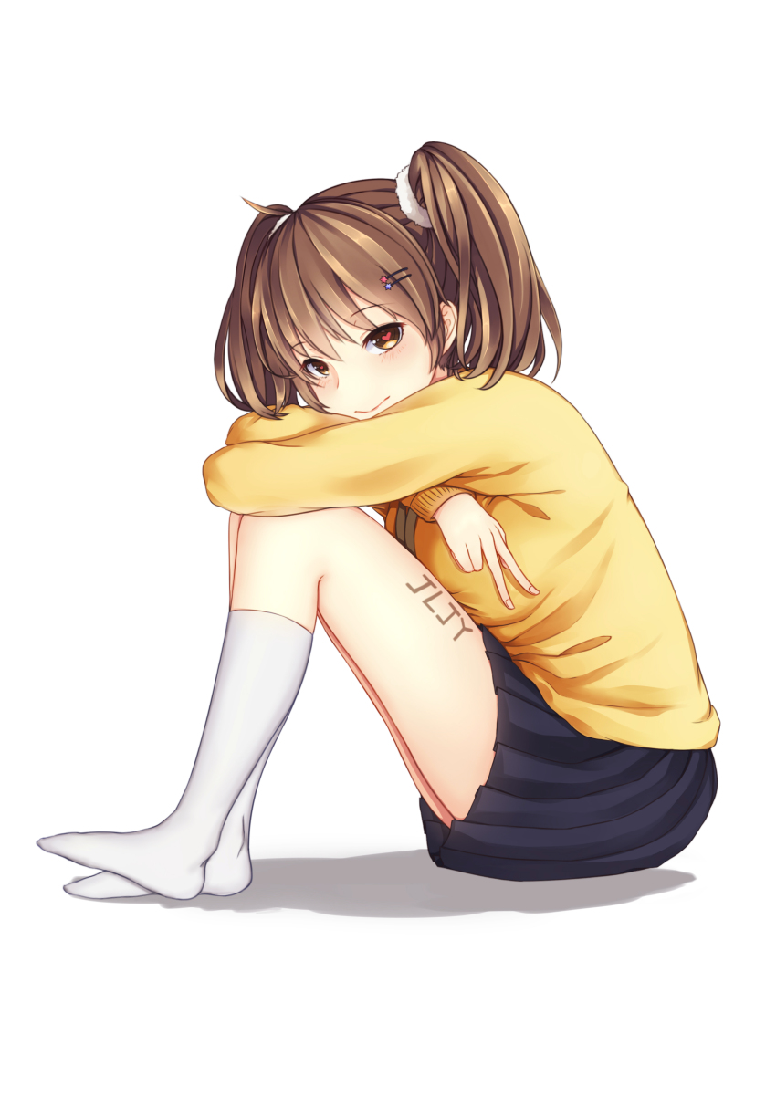 1girl, absurdres, ahoge, arm_support, blue_skirt, blush, body_writing, breast_press