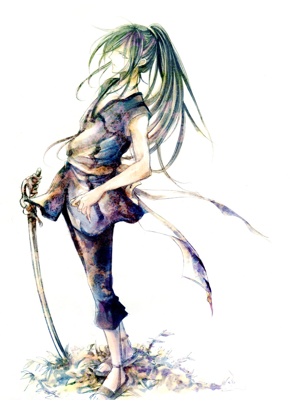 1boy, full_body, graphite_(medium), highres, kujira_no_kora_wa_sajou_ni_utau, long_hair, male_focus, marker_(medium), nekoritatsuki, ouni, planted_sword, planted, ponytail, sandals, standing, sword, traditional_media, weapon