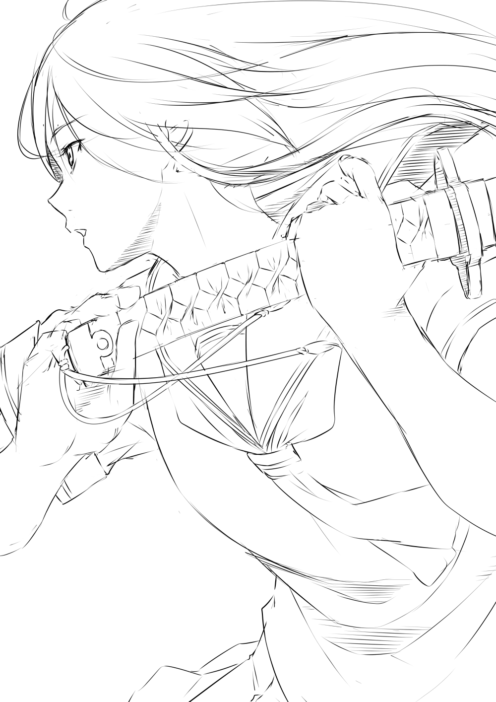 1girl, commentary_request, female_focus, fighting_stance, fuchi_(hilt), greyscale, habaki, highres