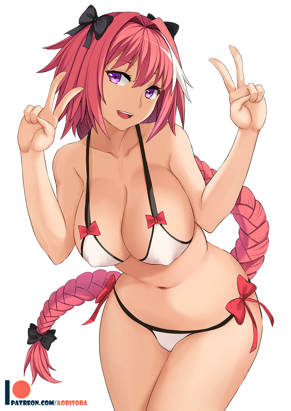 1girl, astolfo_(fate), azuran0, bikini, black_bow, bow, braid, breasts, cleavage, covered_erect_nipples, cowboy_shot, double_v, fate/apocrypha, fate/grand_order, fate_(series), female_focus, genderswap, genderswap_(mtf), green_eyes, hair_intakes, hair_ribbon, highres, large_breasts, long_hair, looking_at_viewer, multicolored_hair, navel, open_mouth, pink_hair, purple_eyes, ribbon, simple_background, single_braid, smile, solo, standing, streaked_hair, swimsuit, v, white_background, white_hair