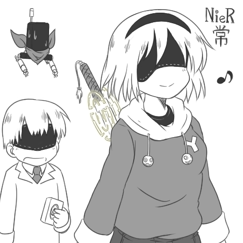 1boy, 1girl, 2b_(nier:automata), 9s_(nier:automata), cosplay, gaketsu, greyscale, lowres, monochrome, nichijou, nier:automata, nier_(series), pod_(nier:automata), professor_shinonome, professor_shinonome_(cosplay), sakamoto_(nichijou), sakamoto_(nichijou)_(cosplay), shinonome_nano, shinonome_nano_(cosplay)