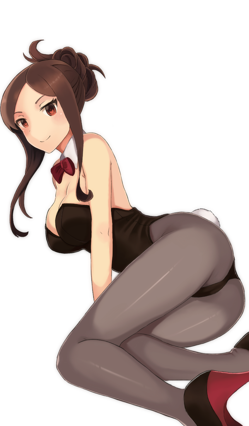 1girl, ass, black_leotard, black_pantyhose, bow, bowtie, breasts, brown_eyes