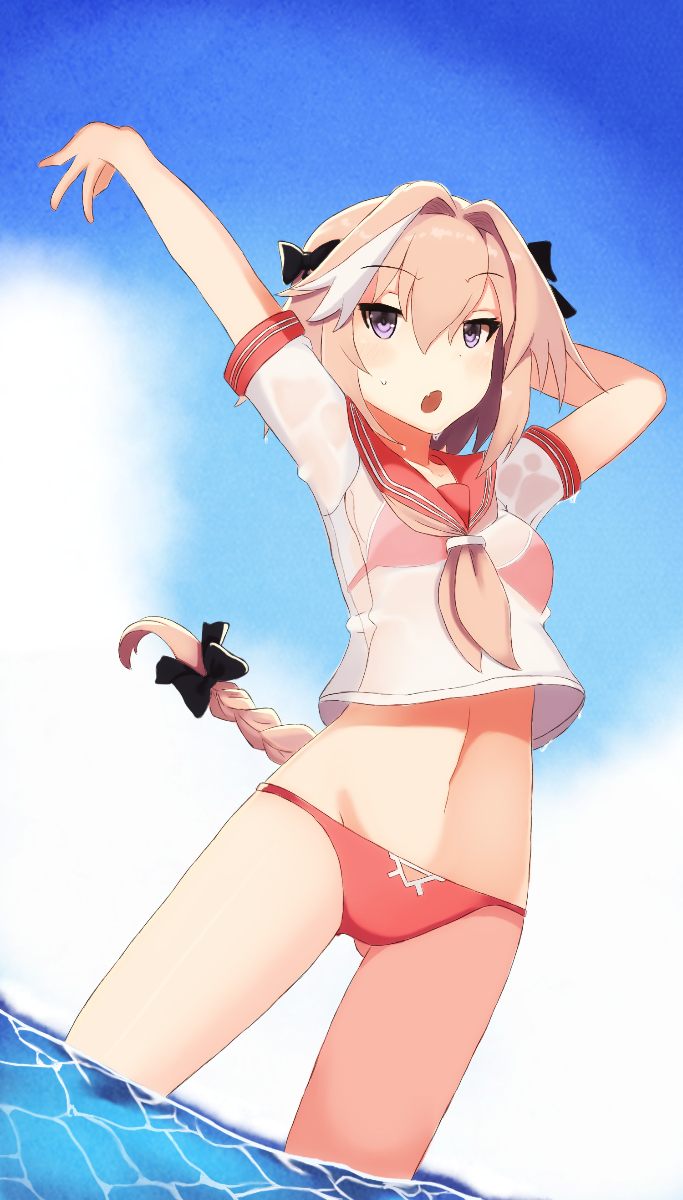 1girl, arms_up, astolfo_(fate), astolfo_(sailor_paladin)_(fate), bikini, black_bow, bow, braid, breasts, crop_top, day, dutch_angle, fang, fate/apocrypha, fate/grand_order, fate_(series), female_focus, genderswap, genderswap_(mtf), gluteal_fold, hair_bow, hair_intakes, highres, long_hair, multicolored_hair, navel, official_alternate_costume, open_mouth, outdoors, pink_bikini, pink_hair, purple_eyes, red_sailor_collar, sailor_collar, school_uniform, see-through_clothes, serafuku, single_braid, small_breasts, solo, sonzai_soumei, streaked_hair, swimsuit, very_long_hair, wading, water, wet, wet_clothes