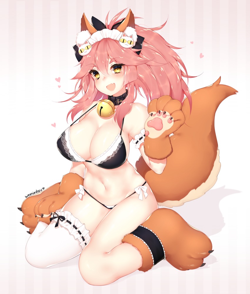 1girl, :d, animal_ears, animal_hands, artist_name, asymmetrical_legwear, bare_shoulders, bell