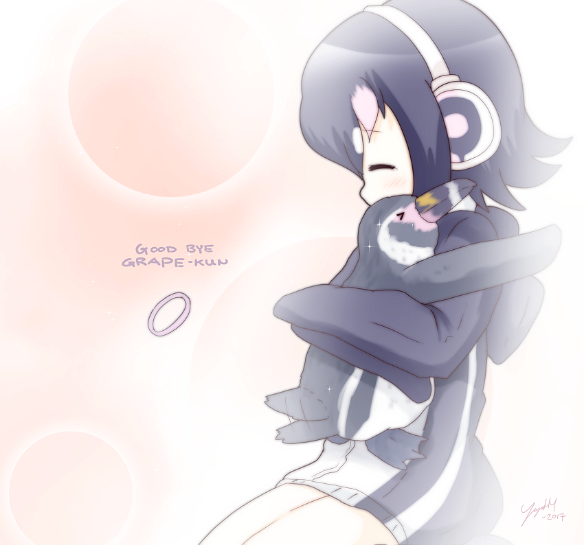 >_<, 10s, 1girl, 2017, animal, bird, character_name, dated, death, english_text, from_side, grape-kun, headphones, hug, humboldt_penguin, humboldt_penguin_(kemono_friends), kemono_friends, penguin, real_life, sad, tears, yogurtm