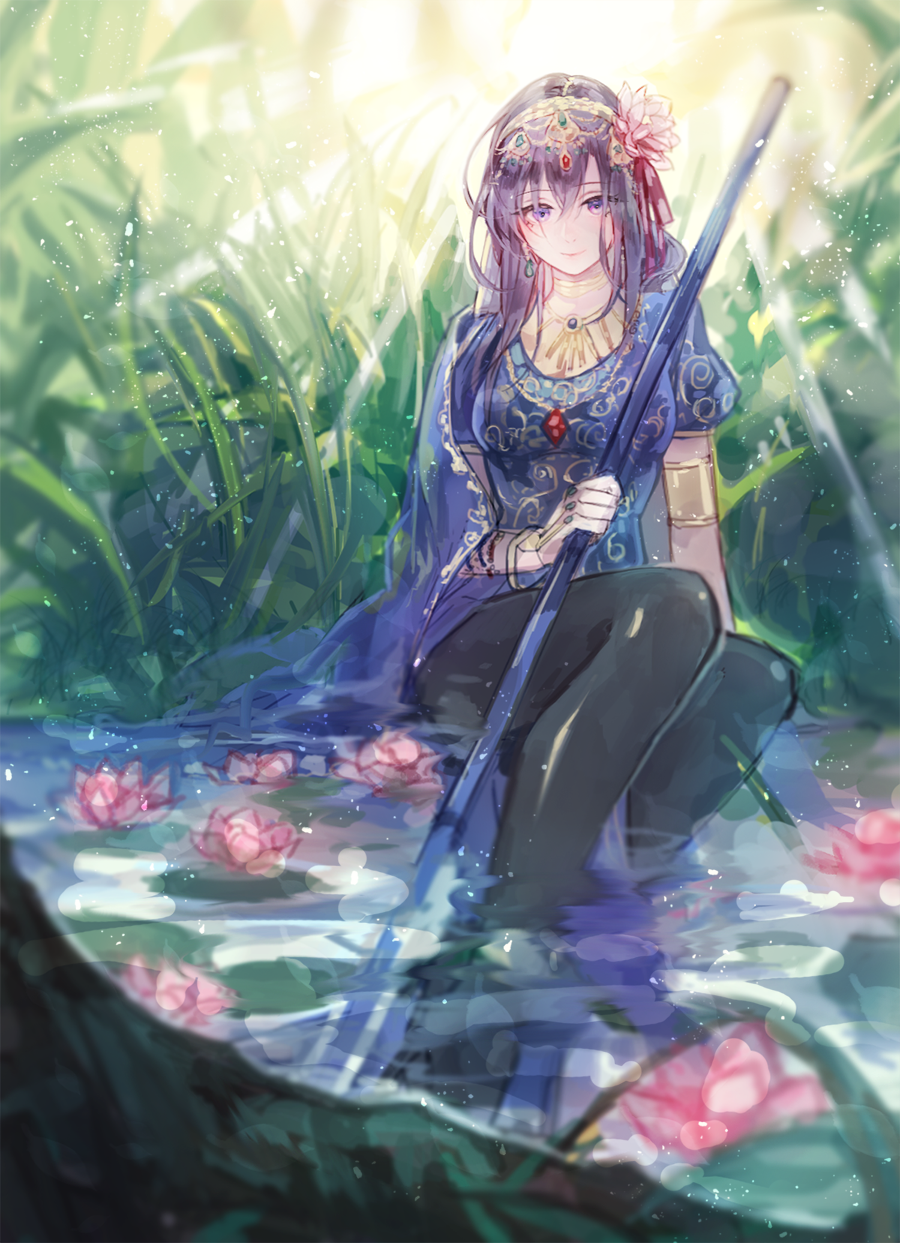 1girl, armlet, asian_indian_clothes, black_leggings, bracelet, earrings, fate/grand_order, fate_(series), female_focus, flower, grass, hair_flower, hair_ornament, highres, jewelry, leggings, long_hair, looking_at_viewer, matou_sakura, pantyhose, partially_submerged, parvati_(fate), parvati_(final_ascension)_(fate), polearm, purple_eyes, purple_hair, ratcy_(ansuta_rm), sitting, smile, solo, water, weapon