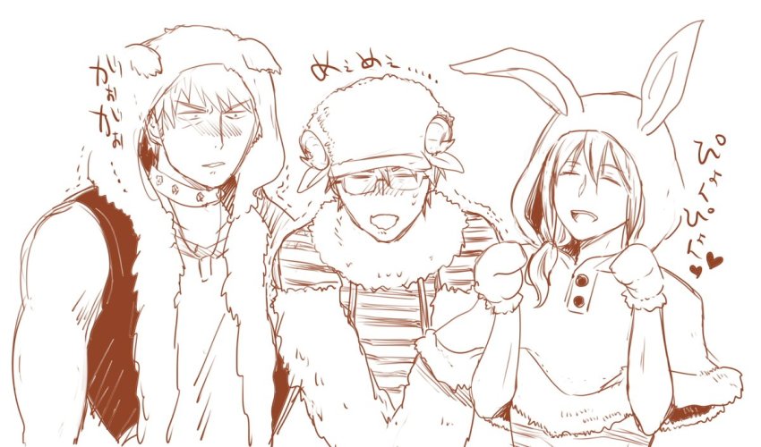 10s, 3boys, animal_hood, blush, cosplay, dog_hood, embarrassed, closed_eyes