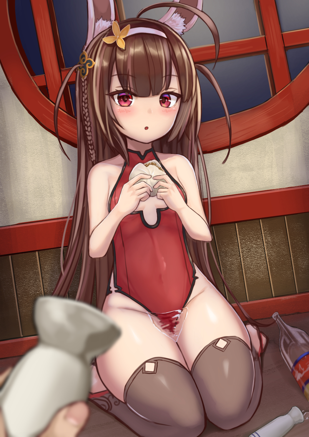adapted_costume, ahoge, alcohol, alternate_costume, alternate_hairstyle, animal_ear_fluff, animal_ears, architecture, azur_lane, black_legwear, blunt_bangs, blurry, bottle, braid, cleavage_cutout, clothing_cutout, depth_of_field, east_asian_architecture, eating, fake_animal_ears, halterneck, headband, highres, indoors, long_hair, looking_at_viewer, ping_hai_(azur_lane), ping_hai_(osmanthus_moon_rabbit)_(azur_lane), playboy_bunny, pov, rabbit_ears, red_eyes, round_window, sake, sake_bottle, side_braid, sitting, sleeveless, spill, stirrup_legwear, templus, thighhighs, thighs, toeless_legwear, tokkuri, two_side_up, very_long_hair, wakamezake, window