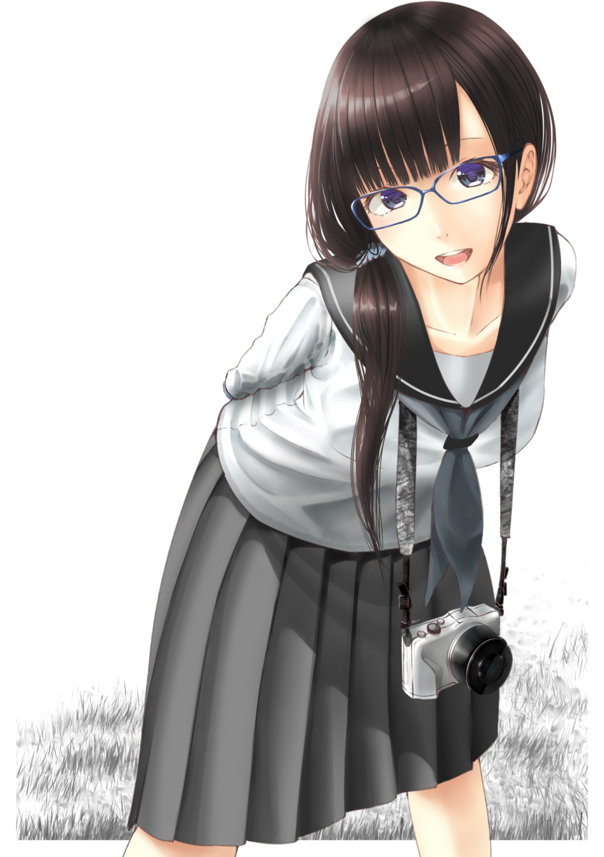 1girl, :d, arms_behind_back, bad_id, bad_pixiv_id, black_hair, blue-framed_eyewear, camera