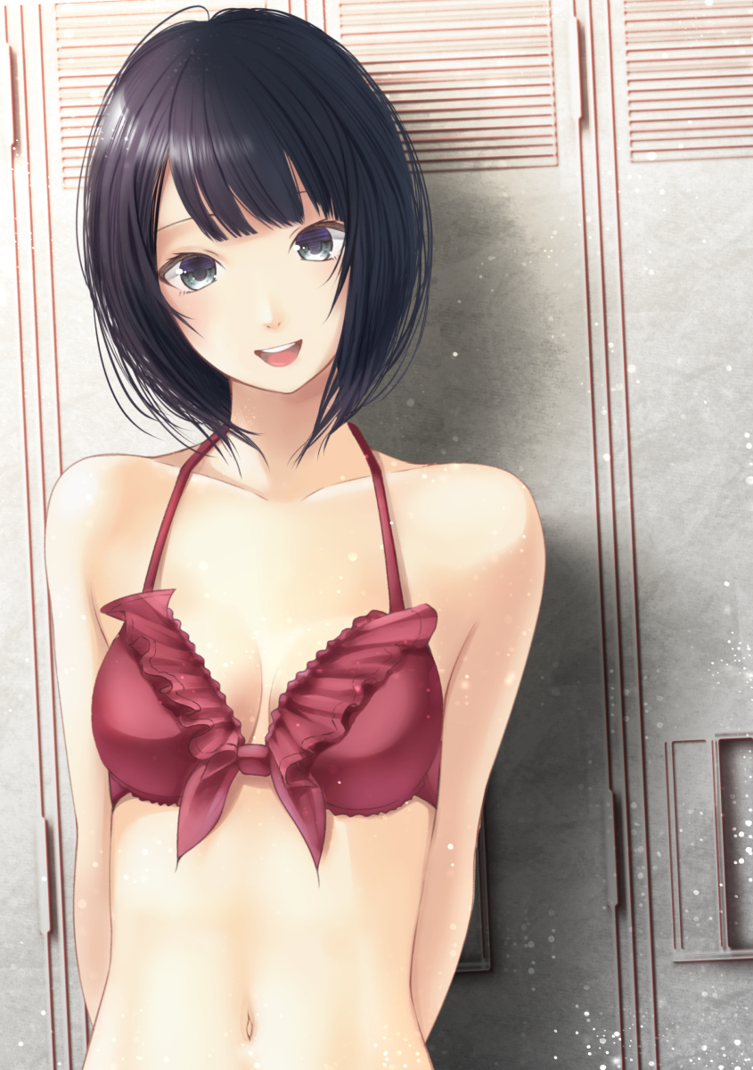 1girl, :d, arms_behind_back, bad_id, bad_pixiv_id, bikini, bikini_top_only, black_hair