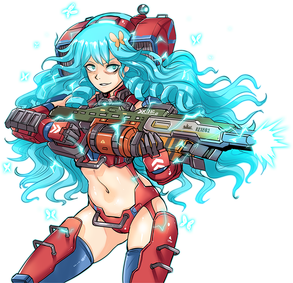 1girl, armor, backpack, bag, blue_eyes, blue_hair, butterfly_on_hair, cameltoe