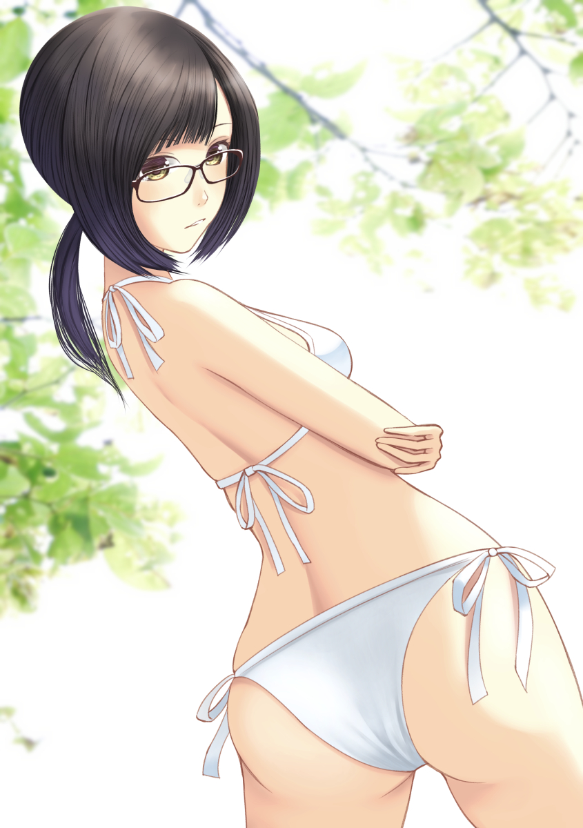 1girl, ass, bad_anatomy, bad_id, bad_pixiv_id, bikini, black_hair, brown-framed_eyewear, brown_eyes, day, female_focus, from_behind, glasses, hami_(hami-gerden), hand_on_own_elbow, highres, hand_on_own_arm, looking_at_viewer, original, outdoors, parted_lips, ponytail, short_ponytail, side-tie_bikini_bottom, solo, standing, swimsuit, white_bikini