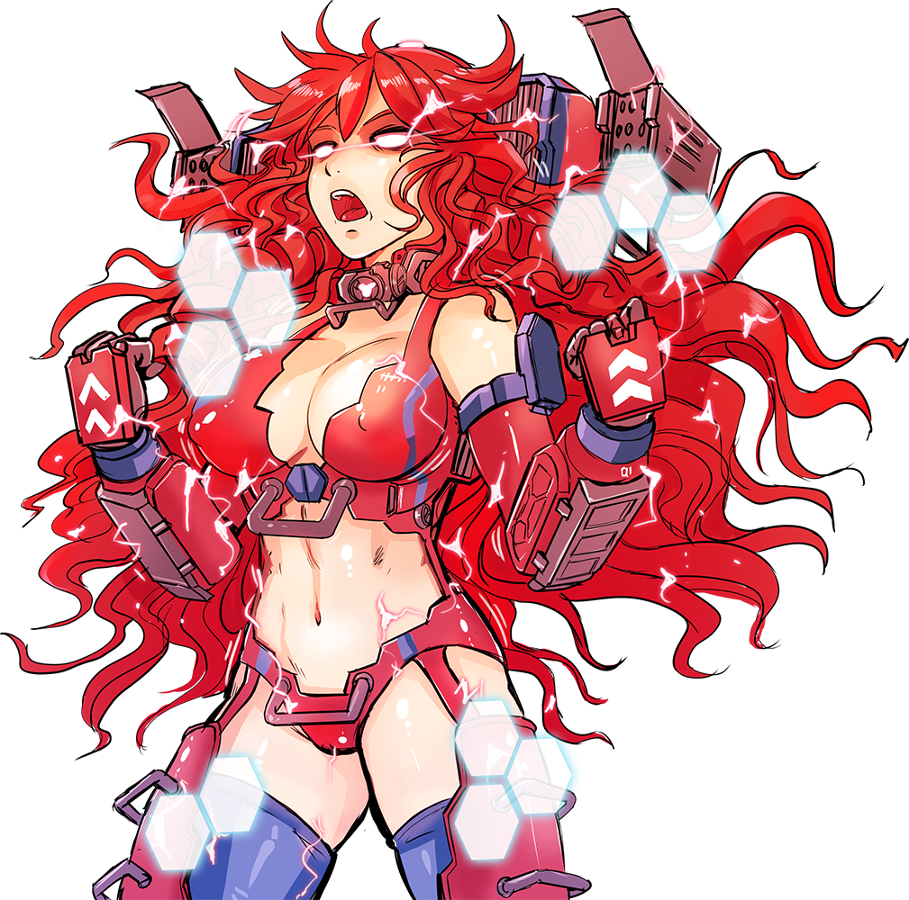 1girl, animification, backpack, bag, breasts, cleavage, clenched_hands, electricity, glowing, glowing_eyes, hmage, honeycomb_(pattern), large_breasts, long_hair, mecha_musume, monarch_(titanfall_2), open_mouth, red_eyes, red_hair, rocket_launcher, simple_background, stomach, thighhighs, titanfall, titanfall_(series), titanfall_2, transparent_background, weapon