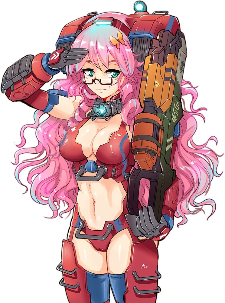 1girl, animification, armor, backpack, bag, breasts, butterfly_on_hair, cleavage, glasses, gloves, green_eyes, gun, hair_ornament, hmage, long_hair, machine_gun, mecha_musume, medium_breasts, monarch_(titanfall_2), navel, personification, pink_hair, simple_background, stomach, thighhighs, titanfall, titanfall_(series), titanfall_2, transparent_background, weapon