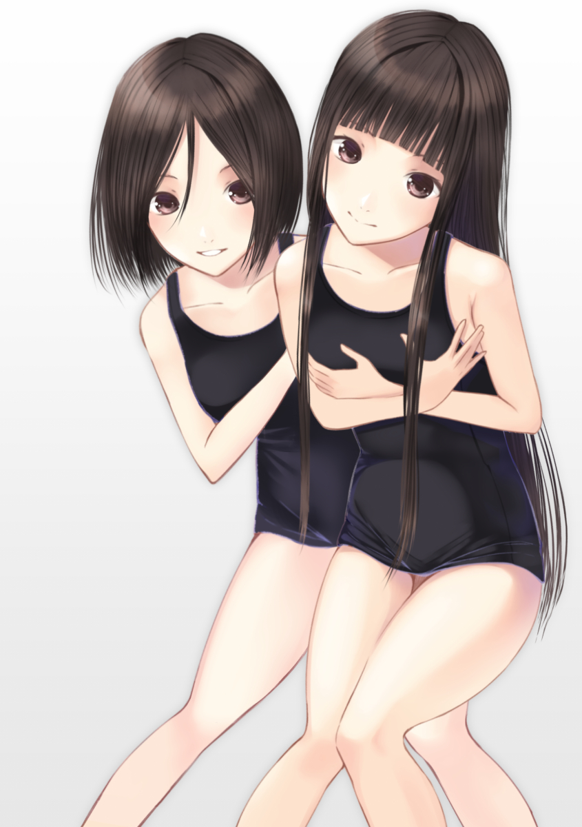 2girls, :d, bad_id, bad_pixiv_id, black_eyes, black_hair, blunt_bangs, breasts