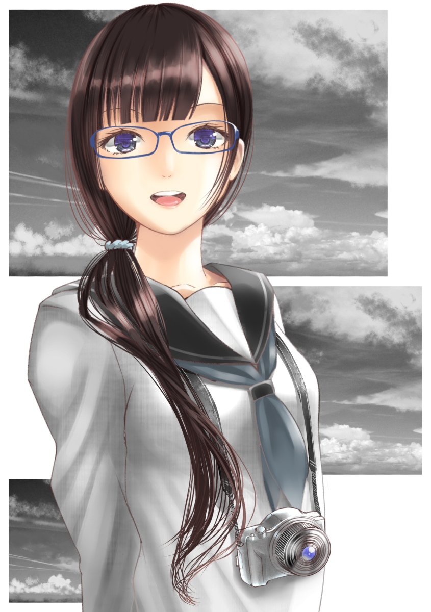 1girl, :d, arm_behind_back, black_hair, blue-framed_eyewear, blunt_bangs, camera, cloud