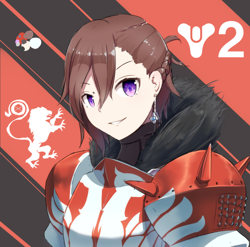 1girl, armor, braid, brown_hair, destiny_(game), earrings, french_braid, fur_collar