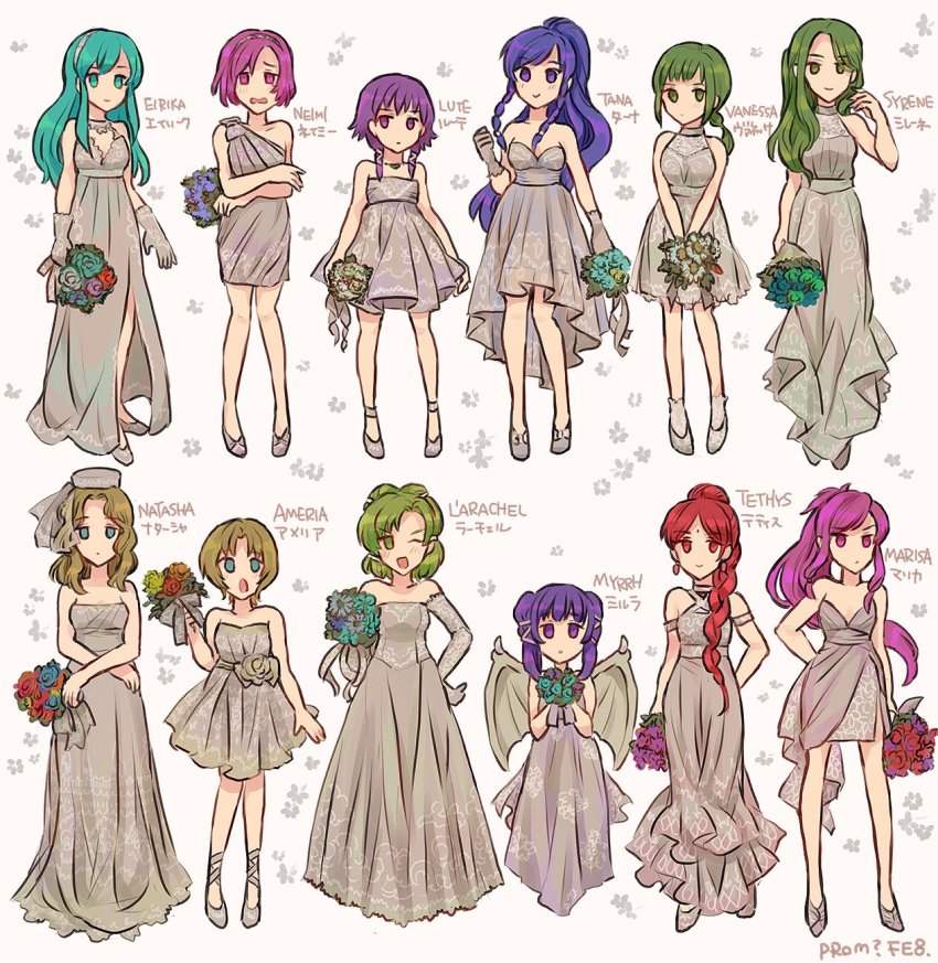 6+girls, alternate_costume, amelia_(fire_emblem), bare_shoulders, blue_eyes, blue_hair, blush, bouquet, braid, bridal_veil, bride, dress, eirika_(fire_emblem), elbow_gloves, female_focus, fire_emblem, fire_emblem:_the_sacred_stones, fire_emblem_heroes, flower, gloves, green_eyes, green_hair, grey_footwear, grey_gloves, highres, l'arachel_(fire_emblem), long_hair, lute_(fire_emblem), marisa_(fire_emblem), matching_hair/eyes, multiple_girls, myrrh_(fire_emblem), natasha_(fire_emblem), neimi_(fire_emblem), nintendo, noshima, open_mouth, pink_hair, ponytail, purple_eyes, purple_hair, red_eyes, red_hair, short_hair, smile, syrene_(fire_emblem), tana_(fire_emblem), tethys_(fire_emblem), thighhighs, vanessa_(fire_emblem), veil, wedding, wedding_dress