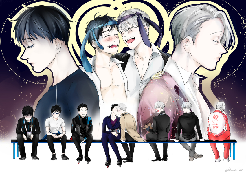 2boys, ^_^, absurdres, bench, black_hair, blue-framed_eyewear, blue_eyes, brown_eyes, closed_eyes, glasses, hair_slicked_back, highres, ice_skates, katsuki_yuuri, kiss, kobayashi_niki, lanyard, male_focus, multiple_boys, necktie, necktie_on_head, open_clothes, open_mouth, open_shirt, shirt, silver_hair, sitting, skates, smile, tears, track_suit, viktor_nikiforov, yaoi, yuri!!!_on_ice