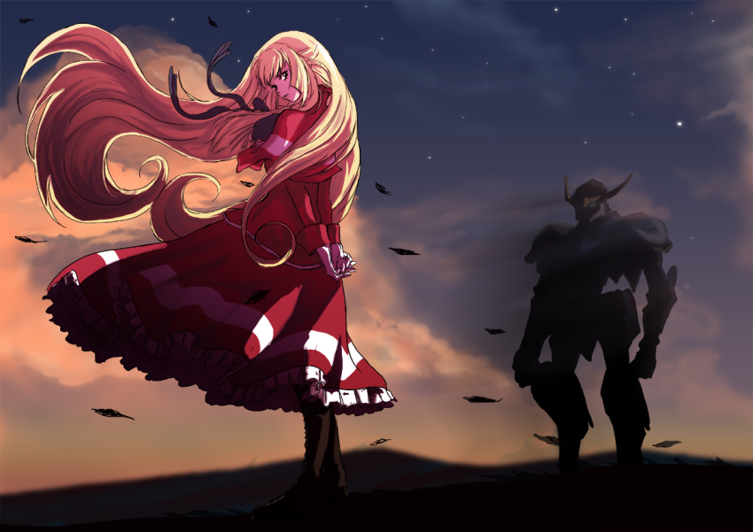 1girl, arms_behind_back, black_footwear, black_ribbon, blonde_hair, dress, female_focus, floating_hair, frilled_dress, frills, from_side, full_body, gloves, gundam, gundam_barbatos, gundam_tekketsu_no_orphans, kudelia_aina_bernstein, long_dress, long_hair, looking_at_viewer, marito, mecha, red_dress, ribbon, robot, solo, standing, very_long_hair, white_gloves