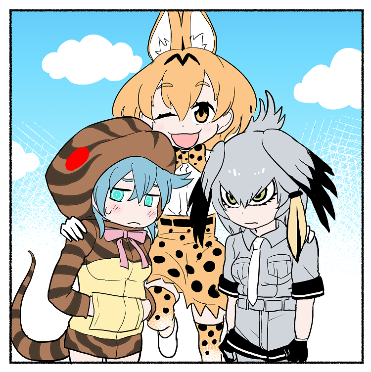 10s, 3girls, ;d, animal_ears, animal_print, awkward, belt, bird_wings, black_belt, black_gloves, black_hair, blonde_hair, blue_eyes, blue_hair, blue_sky, blush, border, bow, bowtie, breasts, bright_pupils, closed_mouth, cloud, commentary_request, cowboy_shot, day, dot_nose, eyebrows, eyelashes, facing_another, feathered_wings, flat_color, frown, gloves, green_eyes, grey_belt, grey_hair, grey_legwear, hair_between_eyes, hand_on_another's_shoulder, hands_in_pockets, head_wings, high-waist_skirt, hood, hood_up, hoodie, kemono_friends, leg_up, legs_apart, long_hair, long_sleeves, looking_at_viewer, looking_away, medium_breasts, miniskirt, multicolored_hair, multicolored_legwear, multiple_girls, nattou_mazeo, necktie, one_eye_closed, open_mouth, orange_eyes, orange_hair, orange_legwear, orange_skirt, outdoors, pink_ribbon, pocket, ribbon, ringed_eyes, serval_(kemono_friends), shirt, shoebill_(kemono_friends), shoes, short_hair, short_sleeves, side_ponytail, skirt, sky, smile, snake_tail, spots, standing, striped_clothes, striped_hoodie, sweat, tail, thighhighs, tsuchinoko_(kemono_friends), two-tone_hair, unitard, white_border, white_footwear, white_legwear, white_neckwear, white_pupils, white_shirt, wings, yellow_bow, yellow_neckwear, zettai_ryouiki