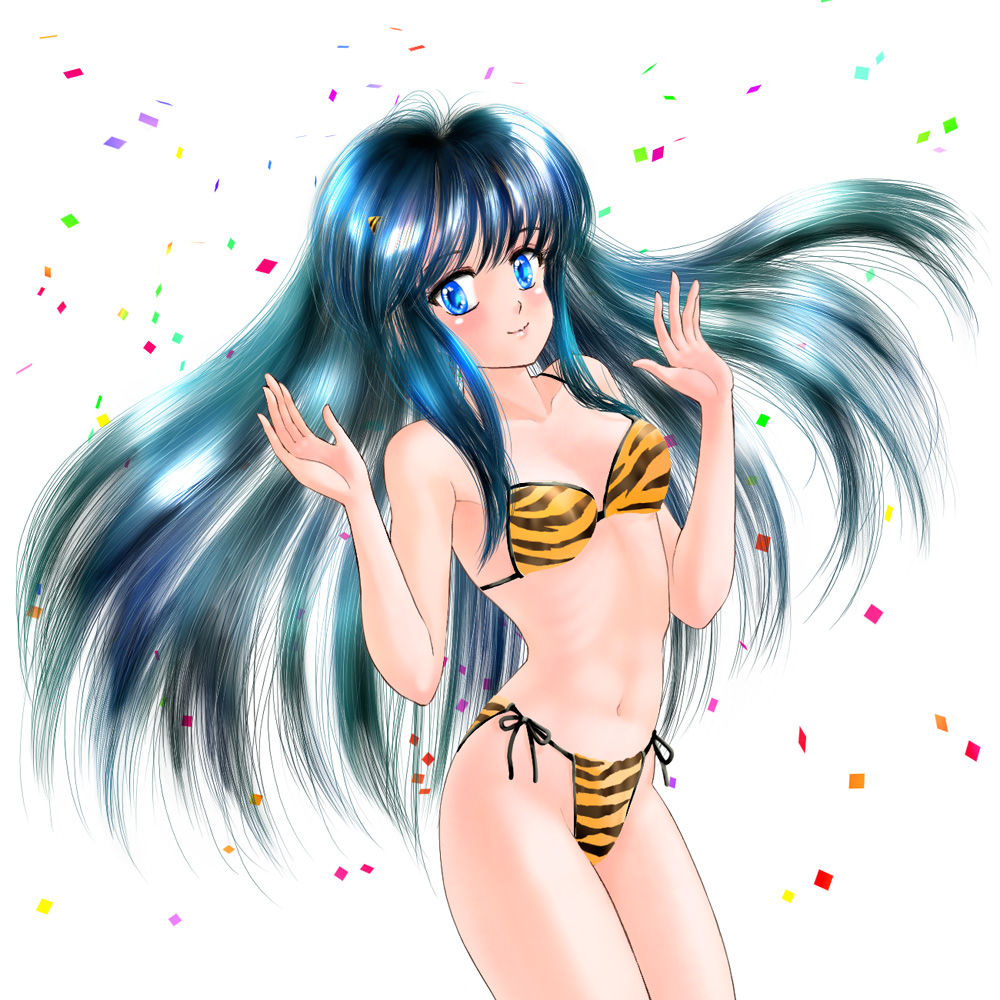 animal_print, bikini, blue_eyes, blue_hair, cone_horns, confetti, horns, long_hair