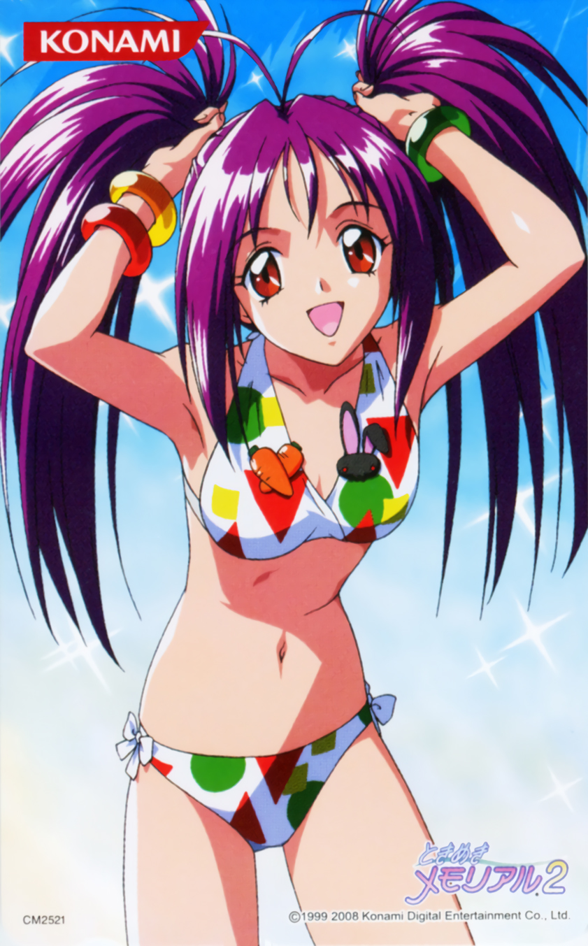 1990s_(style), 1999, 1girl, antenna_hair, bikini, bracelet, cowboy_shot, dated, female_focus, highres, jewelry, kokura_masashi, konami, kotobuki_miyuki, logo, long_hair, looking_at_viewer, multicolored_swimsuit, navel, official_art, open_mouth, purple_hair, red_eyes, retro_artstyle, solo, swimsuit, tokimeki_memorial, tokimeki_memorial_2, twintails